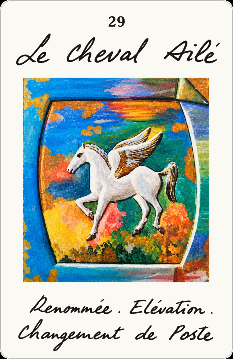 La carte 29, Le Cheval Ailé, restaurée : titre calligraphié, illustration d'un cheval ailé et mots-clés.