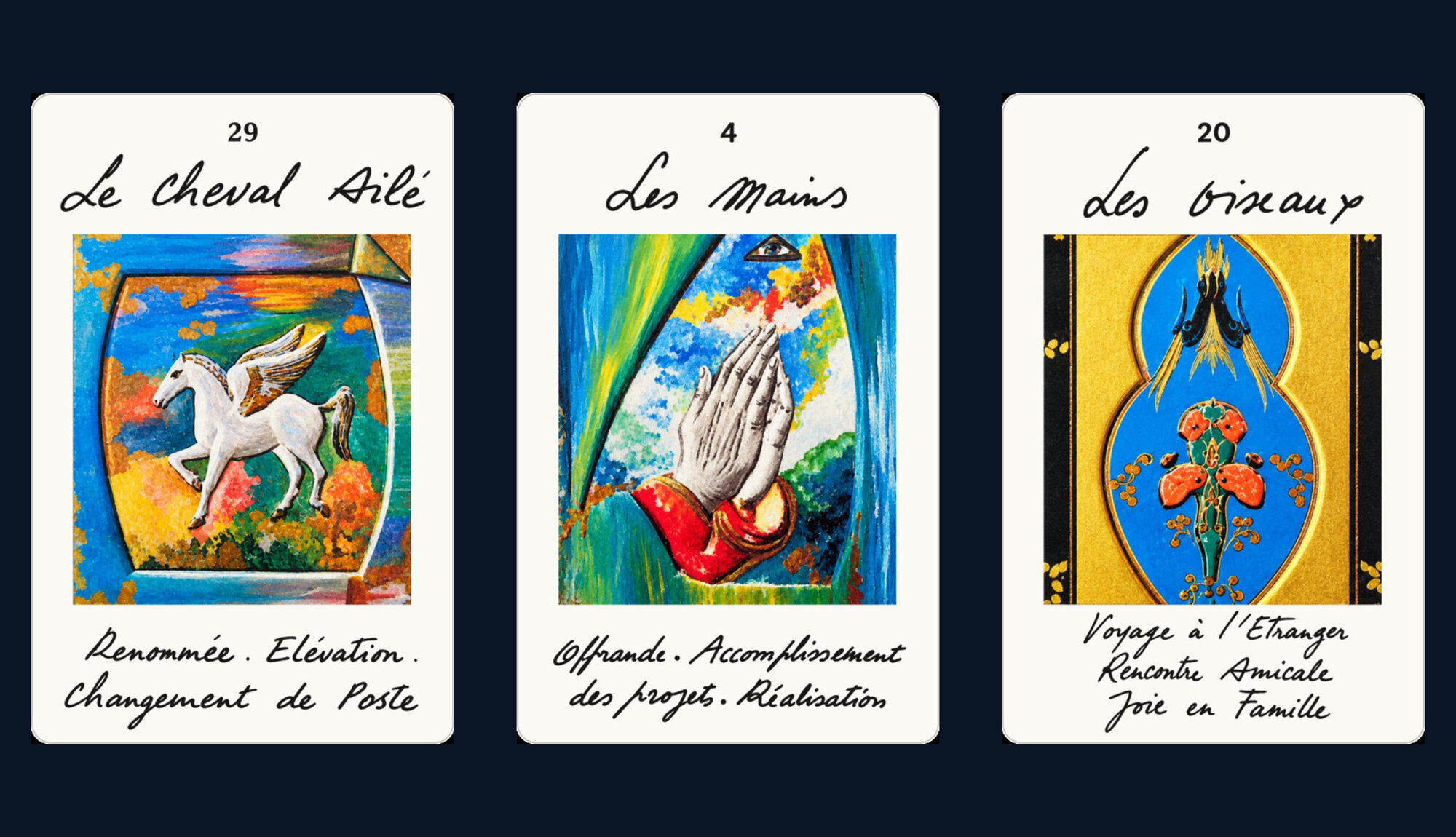 Trois cartes restaurées de l'Oracle Constellation d'Uma Mukanda sur fond bleu nuit.