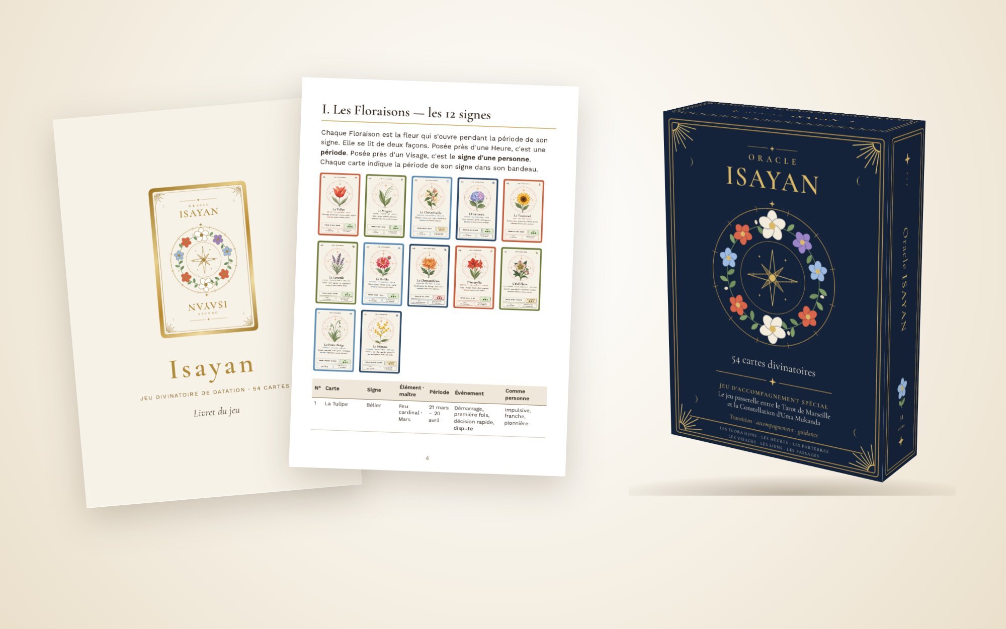 La couverture et une page intérieure du livret Isayan, à côté de l'étui bleu nuit et or.