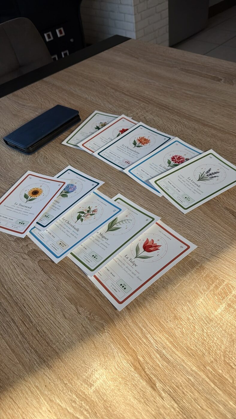 Les premières cartes Isayan imprimées et plastifiées, disposées en lignes sur une table.