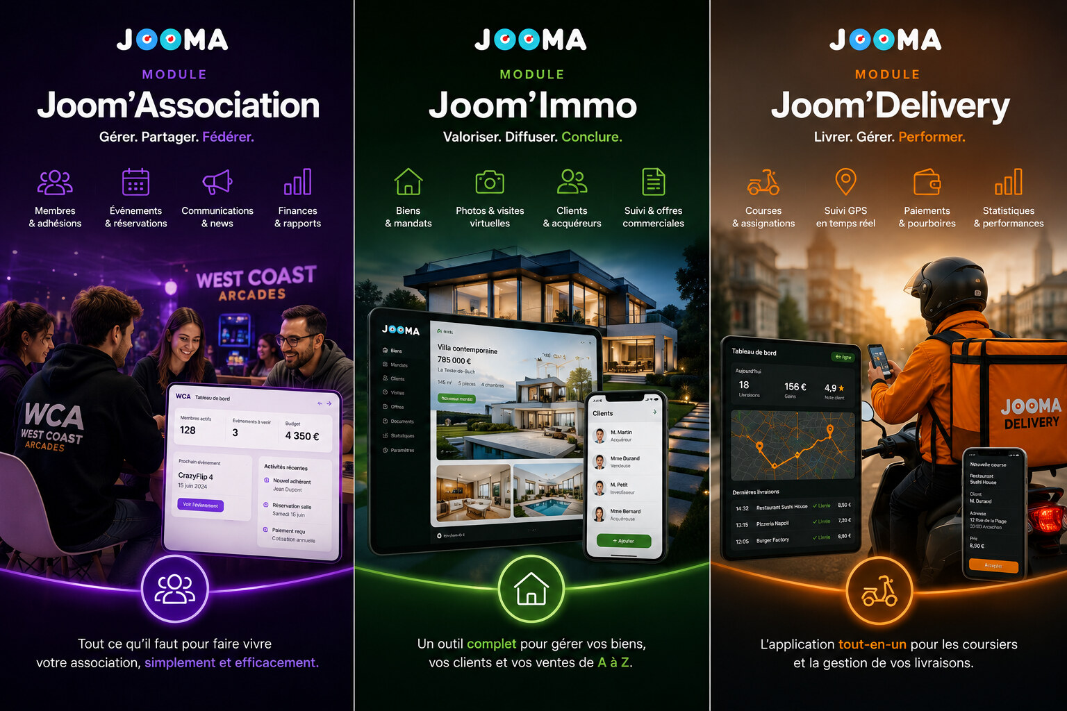 Modules JOOMA : Joom'Association, Joom'Immo et Joom'Delivery, avec leurs tableaux de bord et fonctions métier.
