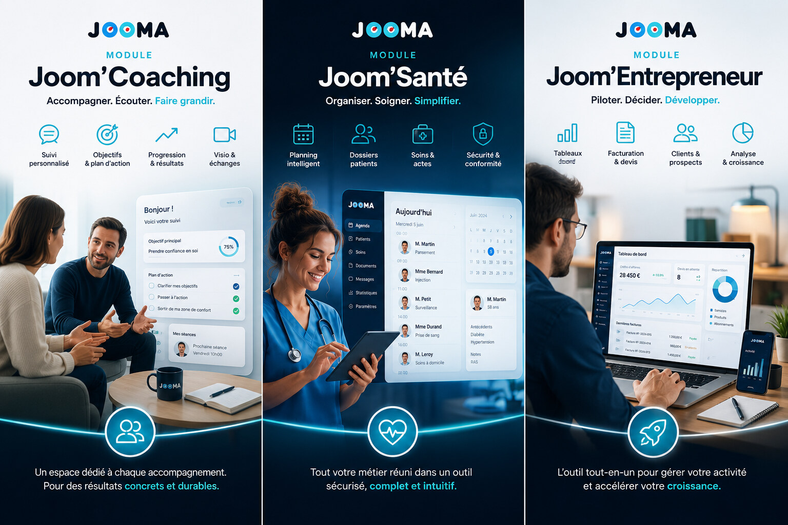 Modules JOOMA : Joom'Coaching, Joom'Santé et Joom'Entrepreneur, avec agendas, dossiers et tableaux de bord.